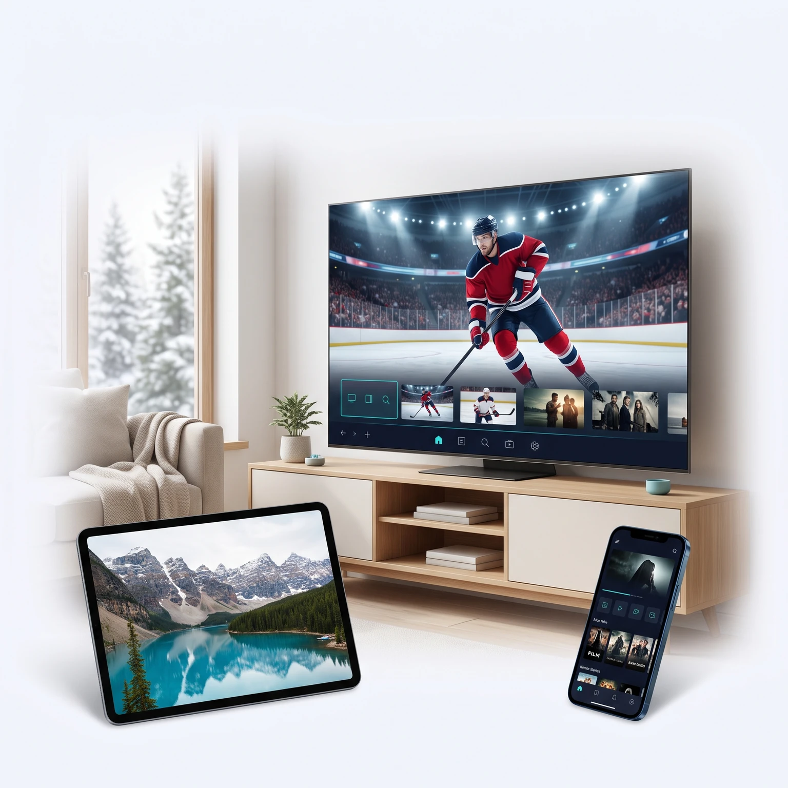 A television showing hockey in a bright living room, with a mountain lake on a tablet and movies on a phone.